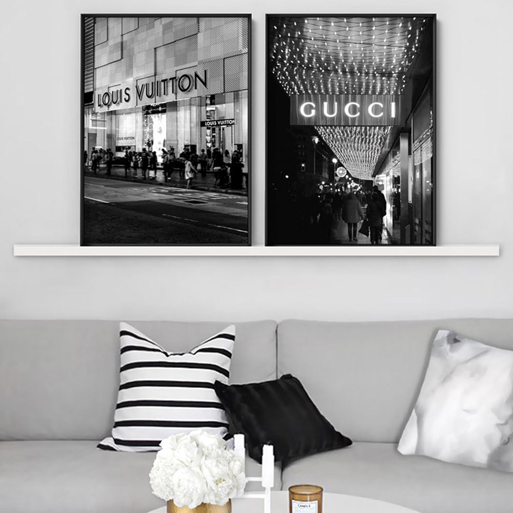 Louis V Entrance B&W - Art Print, Poster, Stretched Canvas or Framed Wall Art, shown framed in a home interior space