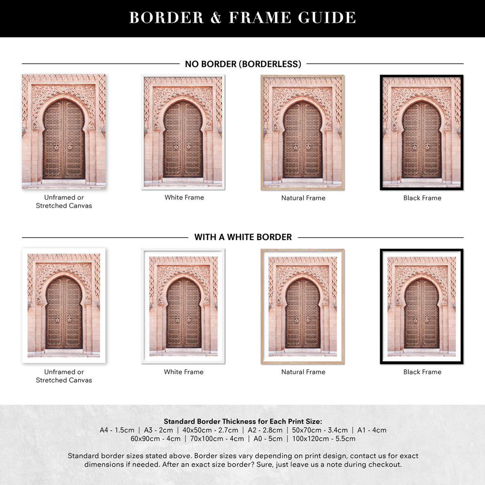Moroccan Doorway in Blush - Art Print, Poster, Stretched Canvas or Framed Wall Art, Showing White , Black, Natural Frame Colours, No Frame (Unframed) or Stretched Canvas, and With or Without White Borders