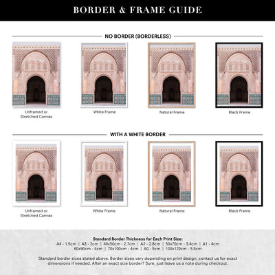 Ornate Moroccan Doorway in Blush & Teals - Art Print, Poster, Stretched Canvas or Framed Wall Art, Showing White , Black, Natural Frame Colours, No Frame (Unframed) or Stretched Canvas, and With or Without White Borders
