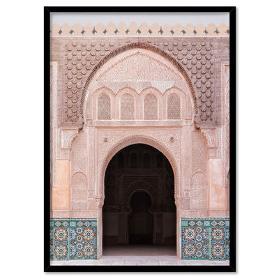 Ornate Moroccan Doorway in Blush & Teals - Art Print, Poster, Stretched Canvas, or Framed Wall Art Print, shown in a black frame