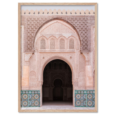Ornate Moroccan Doorway in Blush & Teals - Art Print, Poster, Stretched Canvas, or Framed Wall Art Print, shown in a natural timber frame