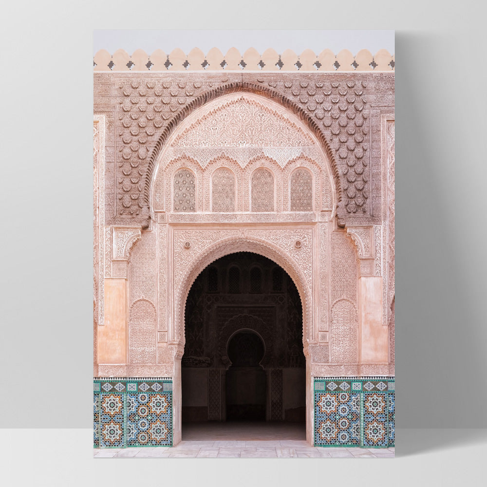 Ornate Moroccan Doorway in Blush & Teals - Art Print, Poster, Stretched Canvas, or Framed Wall Art Print, shown as a stretched canvas or poster without a frame