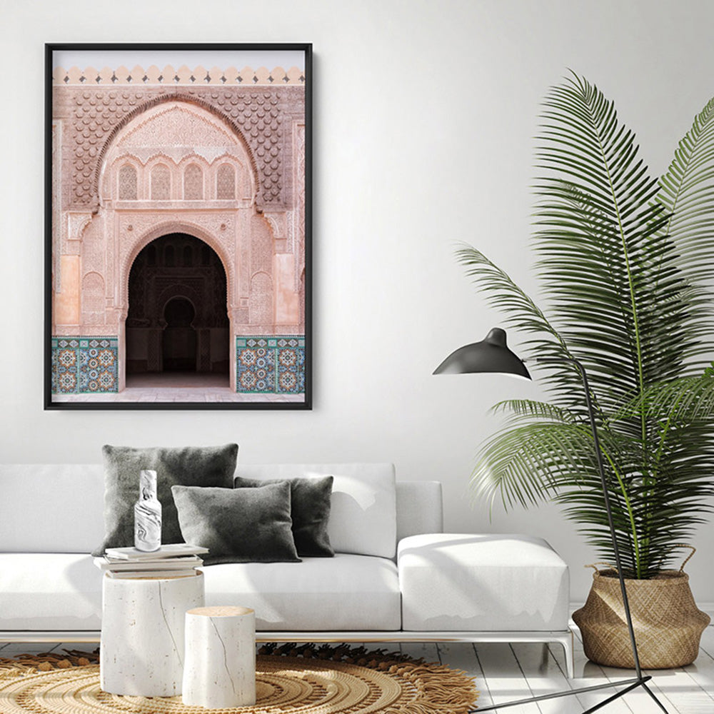 Ornate Moroccan Doorway in Blush & Teals - Art Print, Poster, Stretched Canvas or Framed Wall Art Prints, shown framed in a room