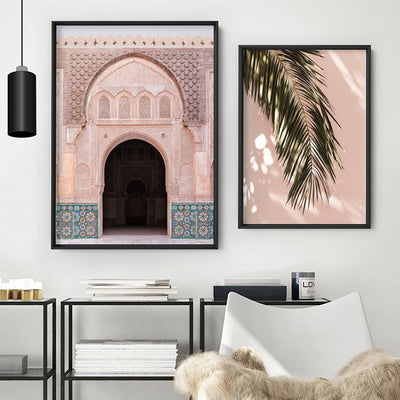 Ornate Moroccan Doorway in Blush & Teals - Art Print, Poster, Stretched Canvas or Framed Wall Art, shown framed in a home interior space