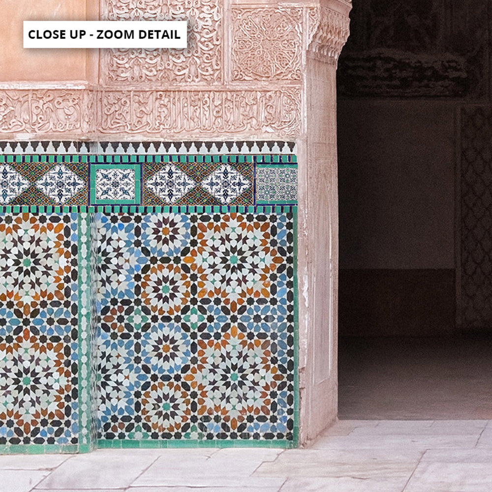 Ornate Moroccan Doorway in Blush & Teals - Art Print, Poster, Stretched Canvas or Framed Wall Art, Close up View of Print Resolution