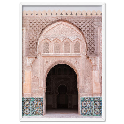 Ornate Moroccan Doorway in Blush & Teals - Art Print, Poster, Stretched Canvas, or Framed Wall Art Print, shown in a white frame