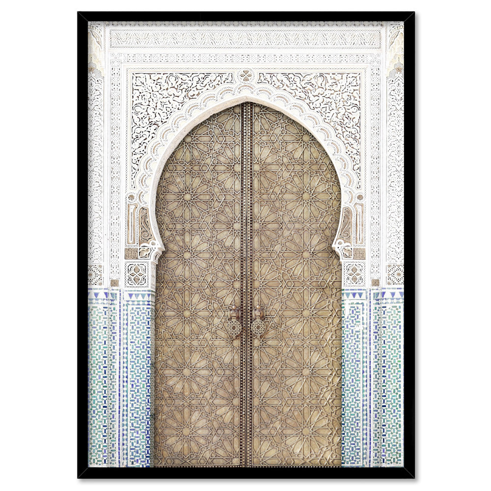 Golden Doorway Morocco - Art Print, Poster, Stretched Canvas, or Framed Wall Art Print, shown in a black frame