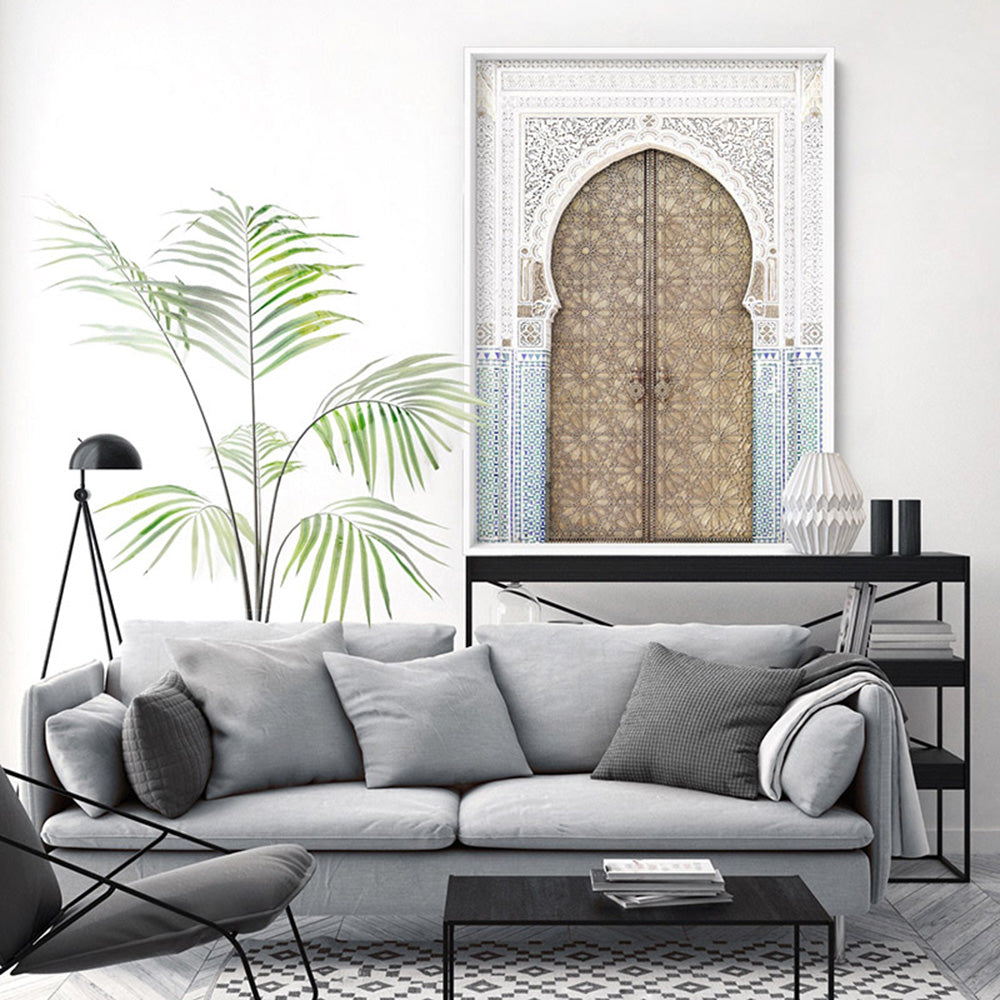 Golden Doorway Morocco - Art Print, Poster, Stretched Canvas or Framed Wall Art Prints, shown framed in a room