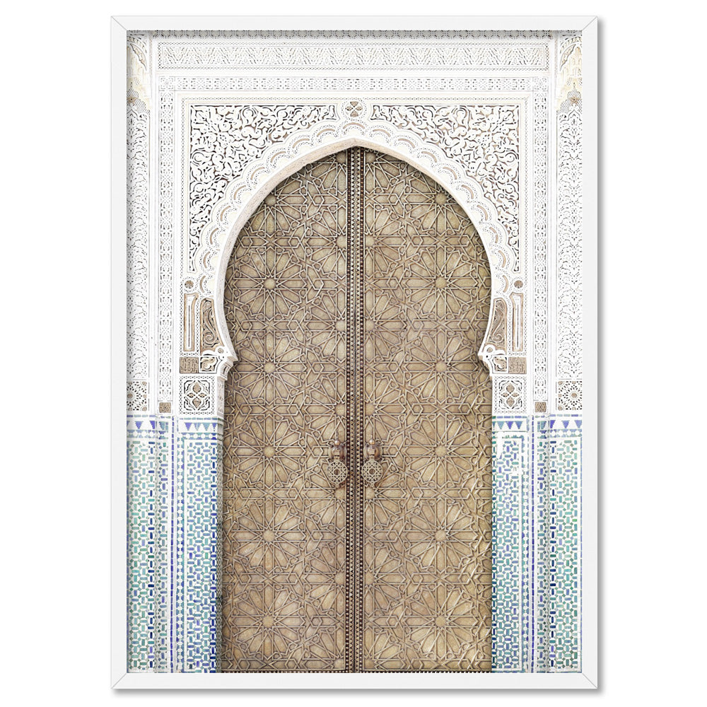 Golden Doorway Morocco - Art Print, Poster, Stretched Canvas, or Framed Wall Art Print, shown in a white frame