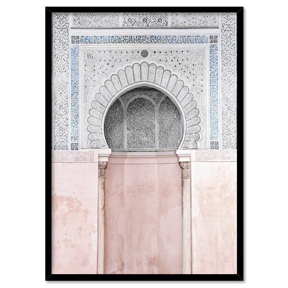 Pastel Arch Fountain Morocco - Art Print, Poster, Stretched Canvas, or Framed Wall Art Print, shown in a black frame