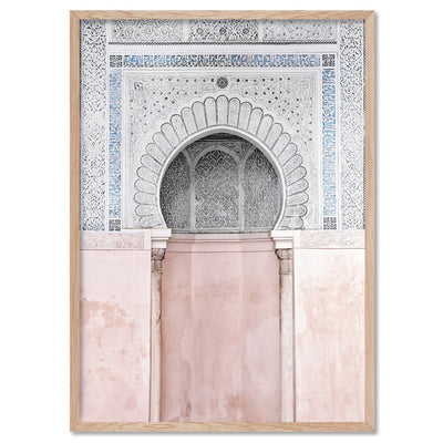 Pastel Arch Fountain Morocco - Art Print, Poster, Stretched Canvas, or Framed Wall Art Print, shown in a natural timber frame