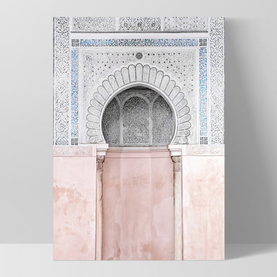 Pastel Arch Fountain Morocco - Art Print, Poster, Stretched Canvas, or Framed Wall Art Print, shown as a stretched canvas or poster without a frame