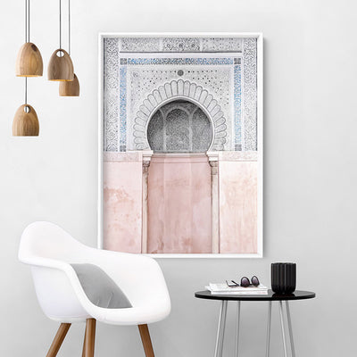 Pastel Arch Fountain Morocco - Art Print, Poster, Stretched Canvas or Framed Wall Art Prints, shown framed in a room
