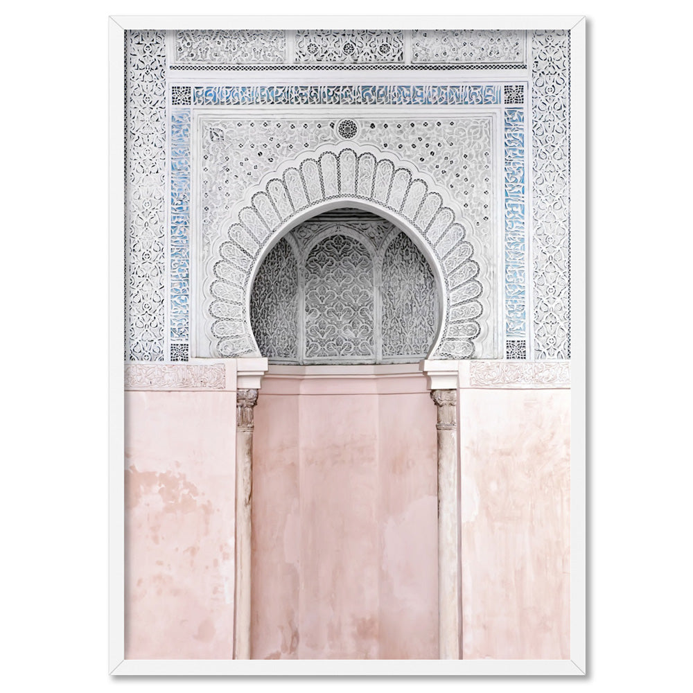 Pastel Arch Fountain Morocco - Art Print, Poster, Stretched Canvas, or Framed Wall Art Print, shown in a white frame