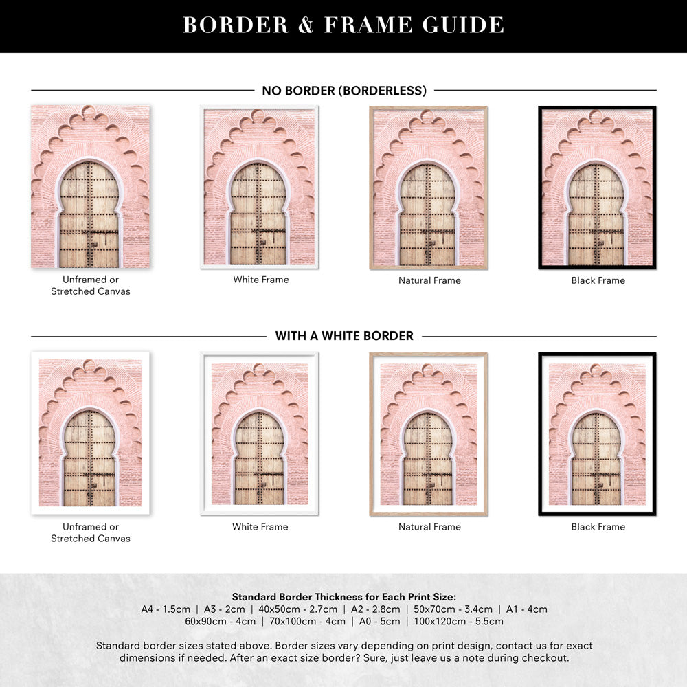 Blushing Arch Doorway Marrakech - Art Print, Poster, Stretched Canvas or Framed Wall Art, Showing White , Black, Natural Frame Colours, No Frame (Unframed) or Stretched Canvas, and With or Without White Borders