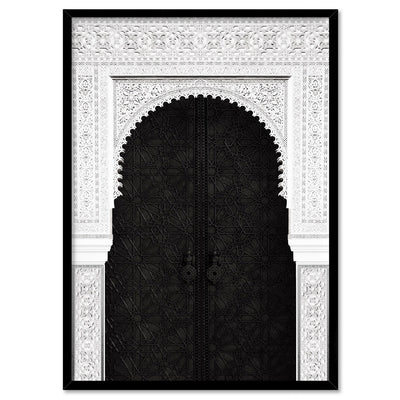 Ornate Moroccan Doorway in Black & White - Art Print, Poster, Stretched Canvas, or Framed Wall Art Print, shown in a black frame