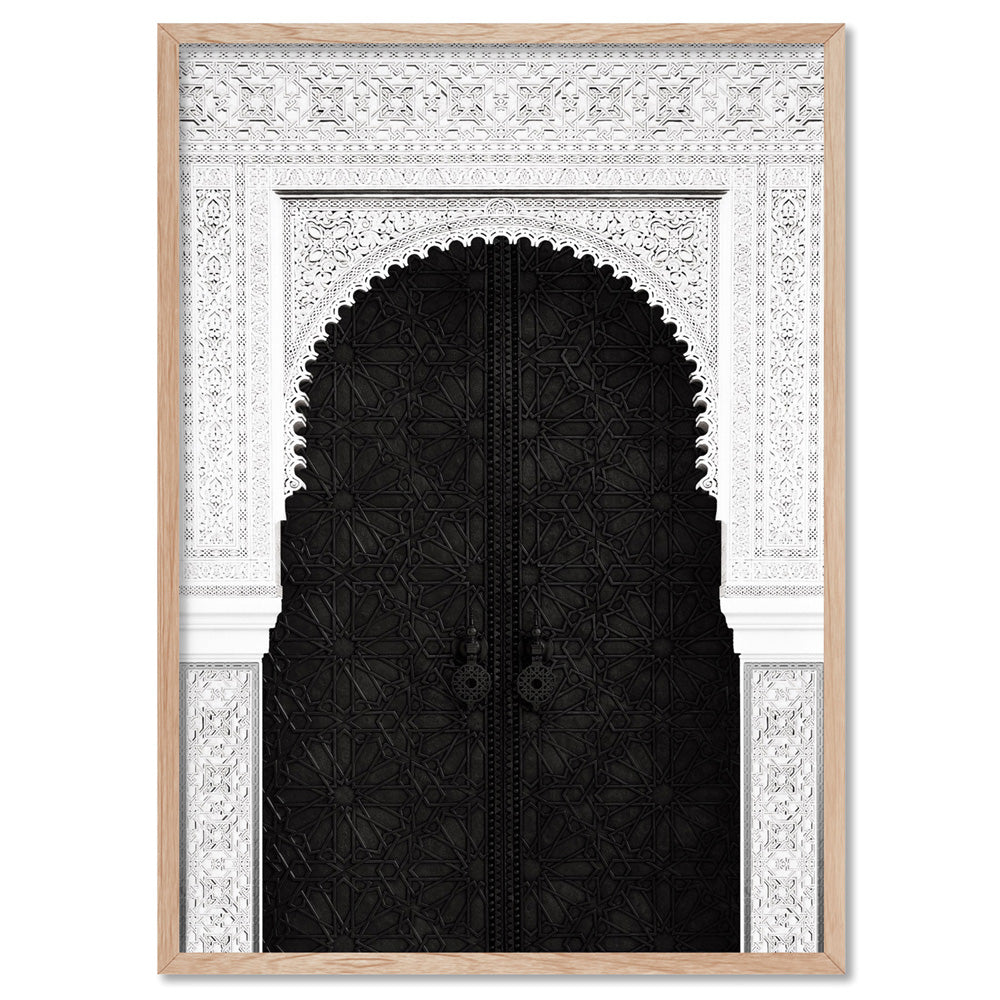 Ornate Moroccan Doorway in Black & White - Art Print, Poster, Stretched Canvas, or Framed Wall Art Print, shown in a natural timber frame