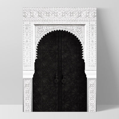 Ornate Moroccan Doorway in Black & White - Art Print, Poster, Stretched Canvas, or Framed Wall Art Print, shown as a stretched canvas or poster without a frame