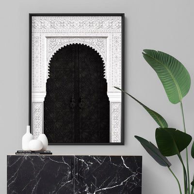 Ornate Moroccan Doorway in Black & White - Art Print, Poster, Stretched Canvas or Framed Wall Art Prints, shown framed in a room