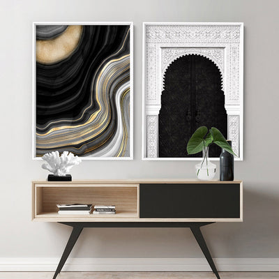 Ornate Moroccan Doorway in Black & White - Art Print, Poster, Stretched Canvas or Framed Wall Art, shown framed in a home interior space