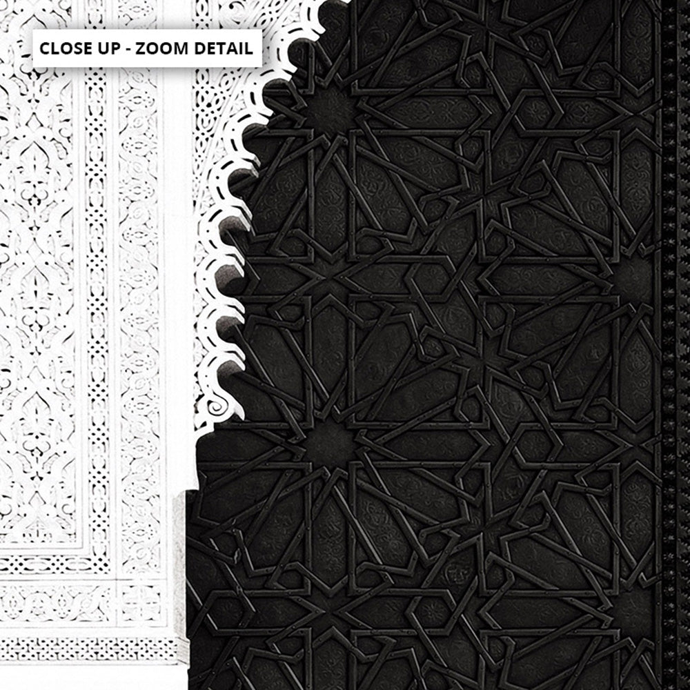 Ornate Moroccan Doorway in Black & White - Art Print, Poster, Stretched Canvas or Framed Wall Art, Close up View of Print Resolution