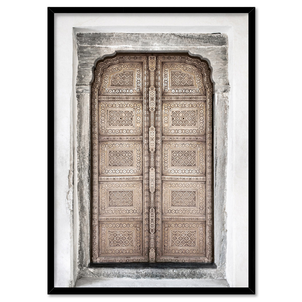 Jaipur Carved Wooden Door in Neutrals - Art Print, Poster, Stretched Canvas, or Framed Wall Art Print, shown in a black frame