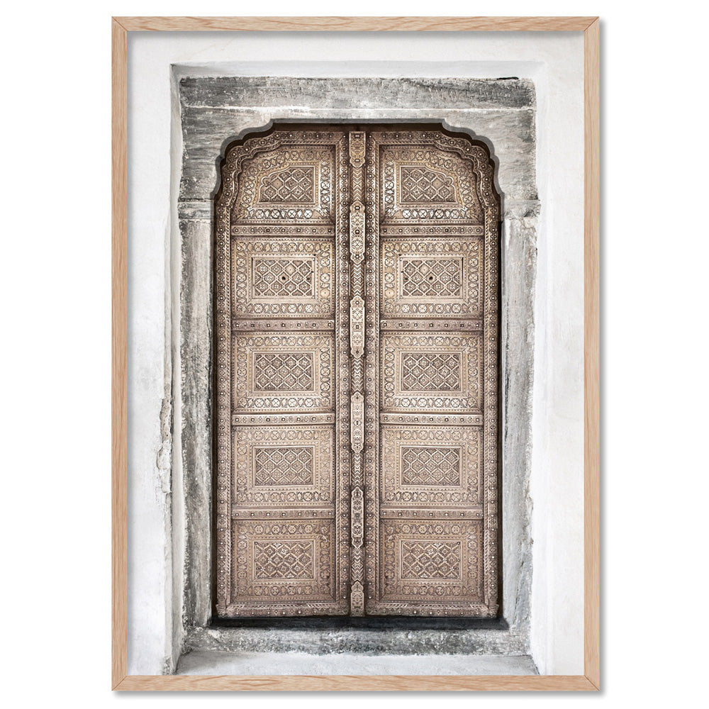 Jaipur Carved Wooden Door in Neutrals - Art Print, Poster, Stretched Canvas, or Framed Wall Art Print, shown in a natural timber frame
