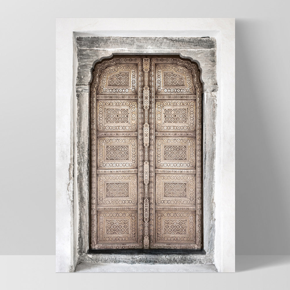 Jaipur Carved Wooden Door in Neutrals - Art Print, Poster, Stretched Canvas, or Framed Wall Art Print, shown as a stretched canvas or poster without a frame