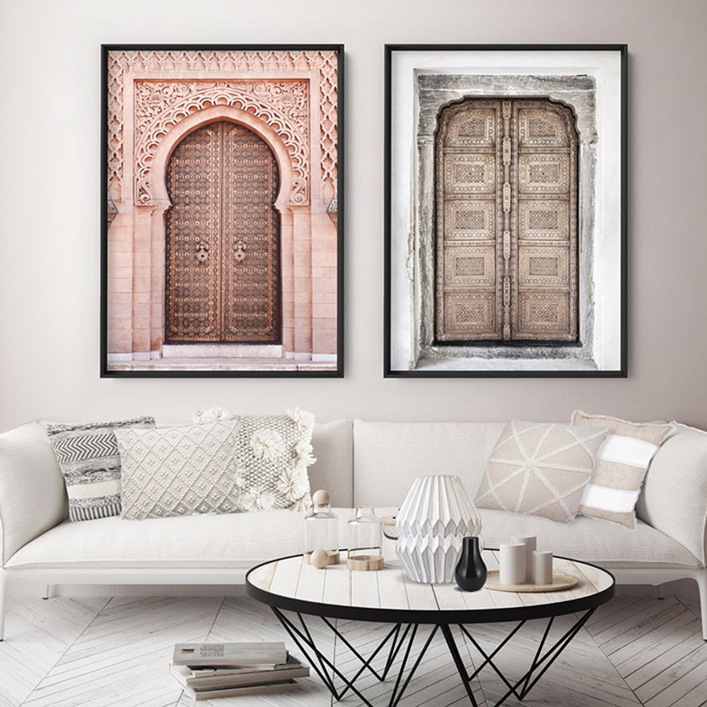 Jaipur Carved Wooden Door in Neutrals - Art Print, Poster, Stretched Canvas or Framed Wall Art, shown framed in a home interior space