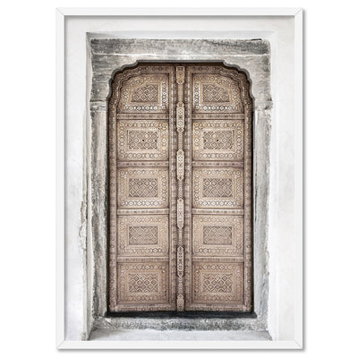 Jaipur Carved Wooden Door in Neutrals - Art Print, Poster, Stretched Canvas, or Framed Wall Art Print, shown in a white frame
