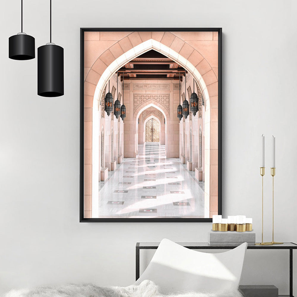 Moroccan Arch Entryway in Blush - Art Print, Poster, Stretched Canvas or Framed Wall Art Prints, shown framed in a room