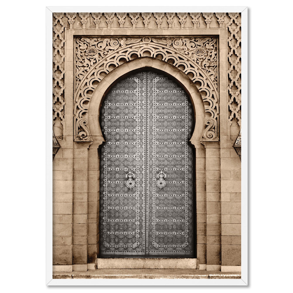 Moroccan Doorway in Brown - Art Print, Poster, Stretched Canvas, or Framed Wall Art Print, shown in a white frame