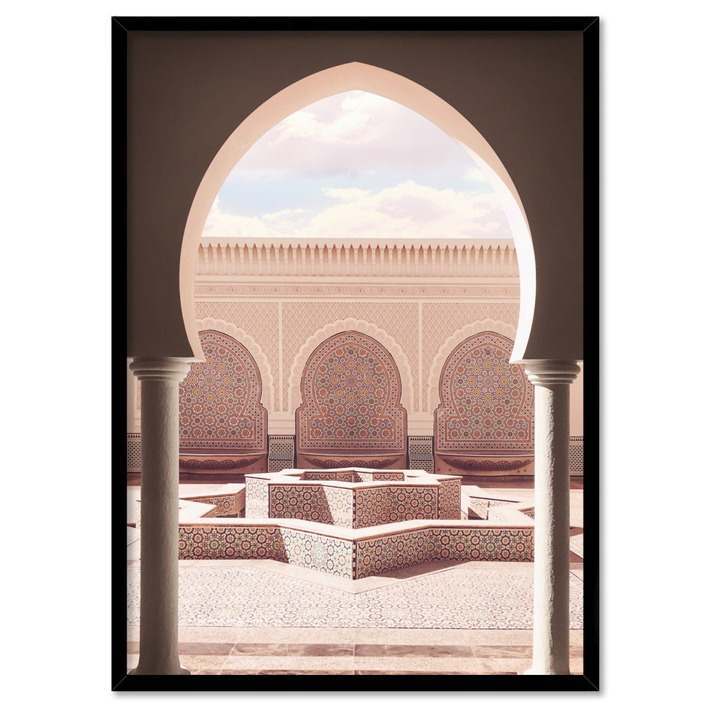 Fountain Plaza in Blush Morocco - Art Print, Poster, Stretched Canvas, or Framed Wall Art Print, shown in a black frame