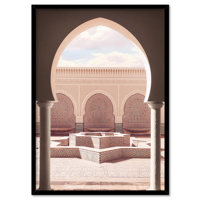 Fountain Plaza in Blush Morocco - Art Print, Poster, Stretched Canvas, or Framed Wall Art Print, shown in a black frame