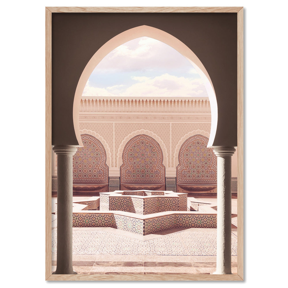 Fountain Plaza in Blush Morocco - Art Print, Poster, Stretched Canvas, or Framed Wall Art Print, shown in a natural timber frame