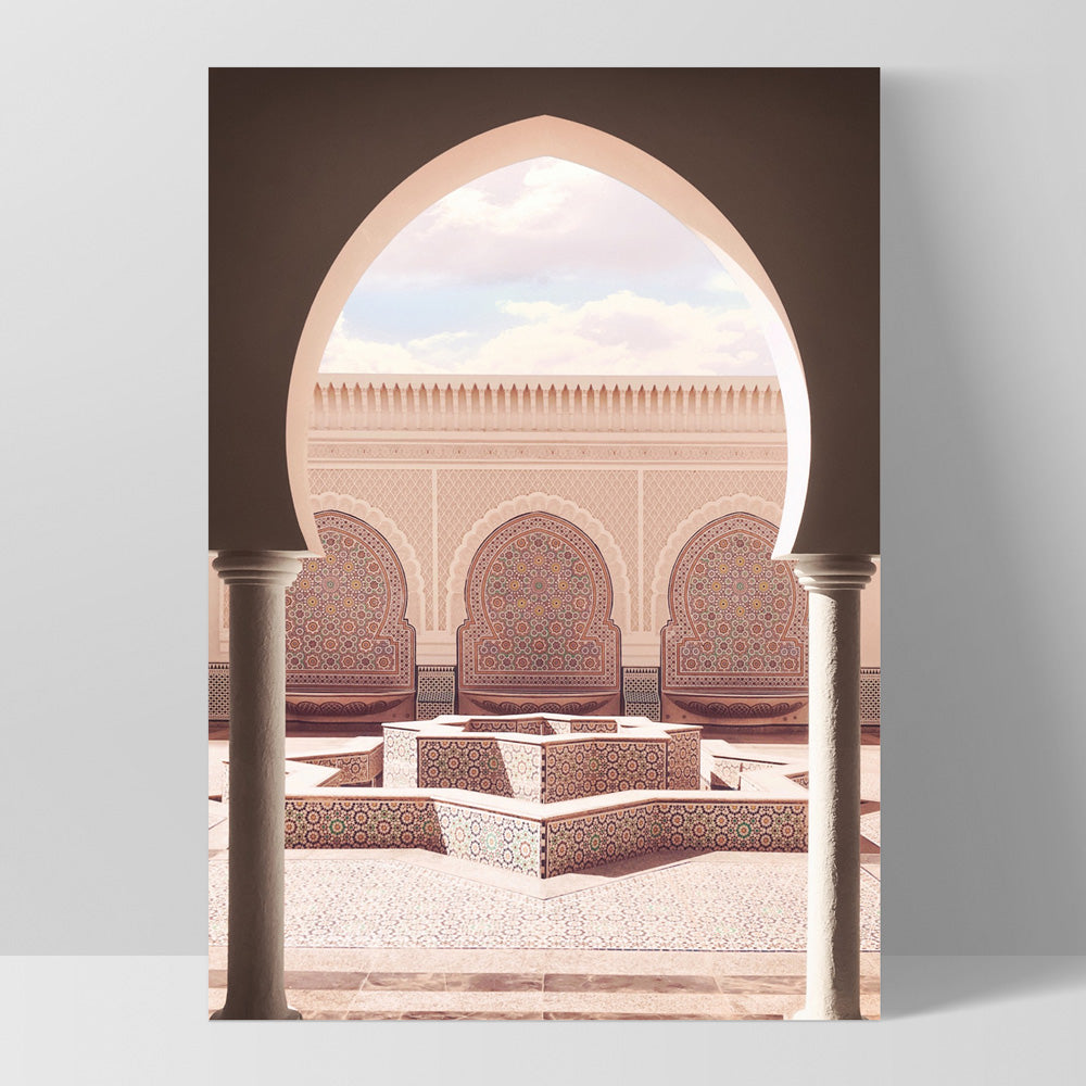 Fountain Plaza in Blush Morocco - Art Print, Poster, Stretched Canvas, or Framed Wall Art Print, shown as a stretched canvas or poster without a frame
