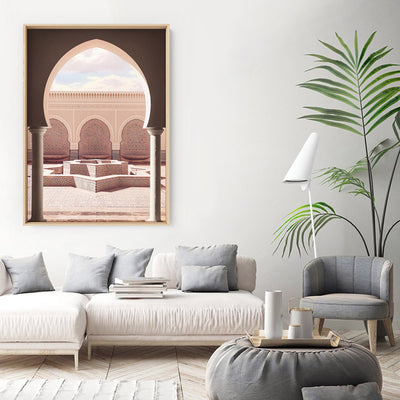 Fountain Plaza in Blush Morocco - Art Print, Poster, Stretched Canvas or Framed Wall Art Prints, shown framed in a room