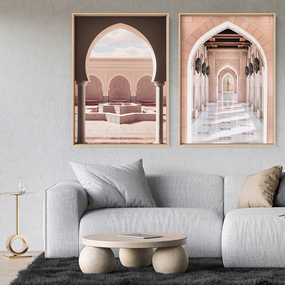 Fountain Plaza in Blush Morocco - Art Print, Poster, Stretched Canvas or Framed Wall Art, shown framed in a home interior space