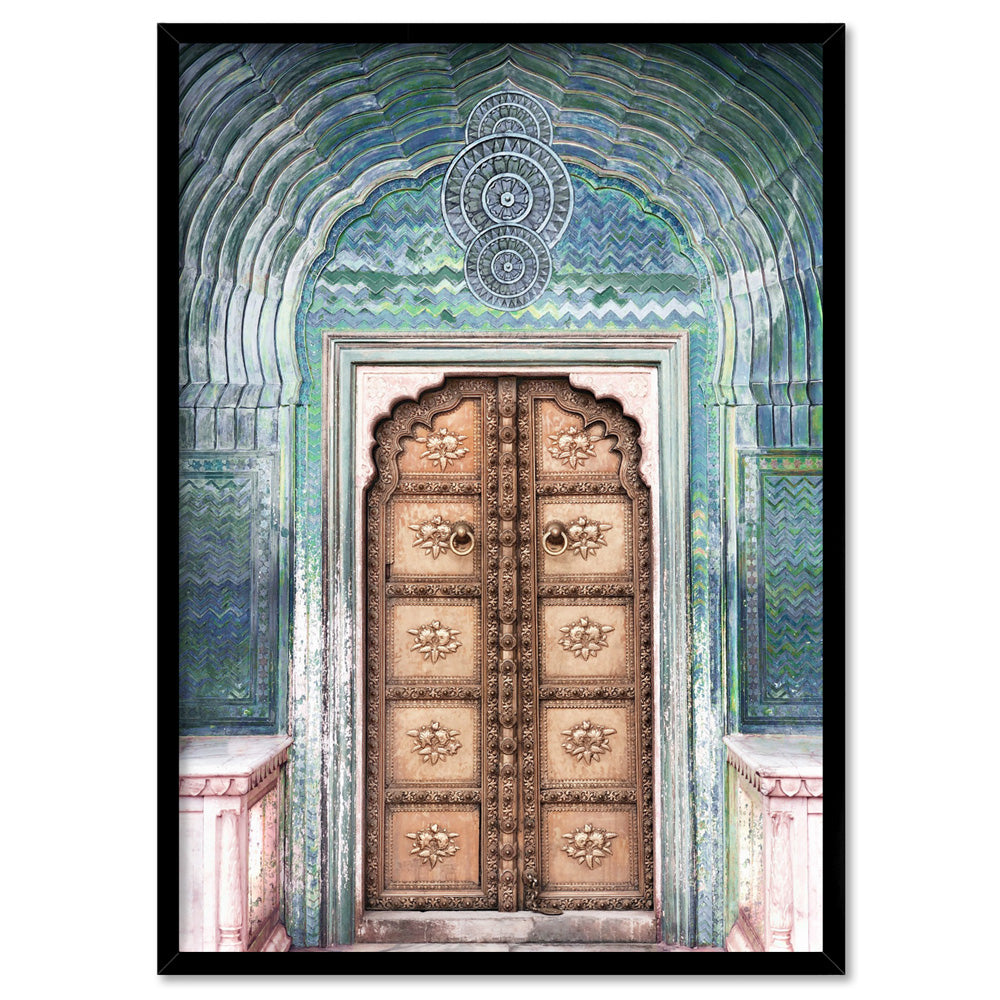 Peacock Doorway in Jaipur City Palace - Art Print, Poster, Stretched Canvas, or Framed Wall Art Print, shown in a black frame