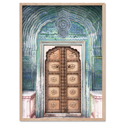 Peacock Doorway in Jaipur City Palace - Art Print, Poster, Stretched Canvas, or Framed Wall Art Print, shown in a natural timber frame