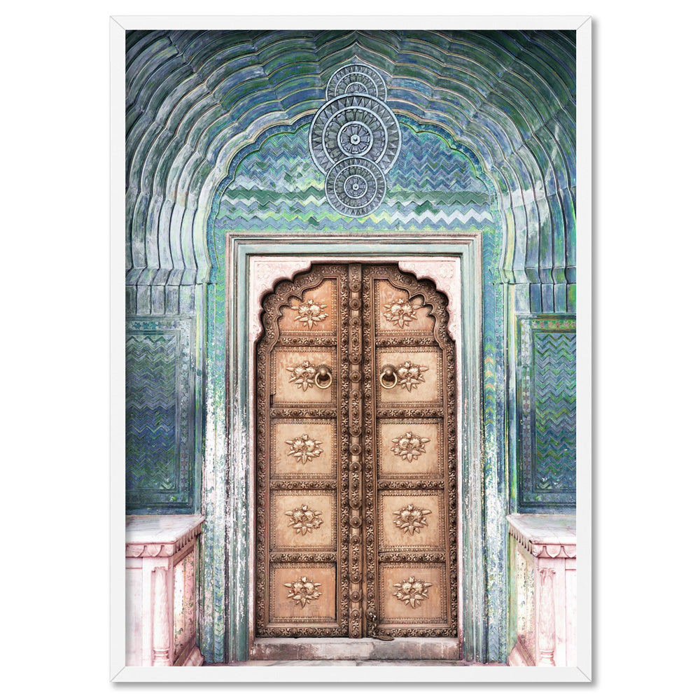 Peacock Doorway in Jaipur City Palace - Art Print, Poster, Stretched Canvas, or Framed Wall Art Print, shown in a white frame