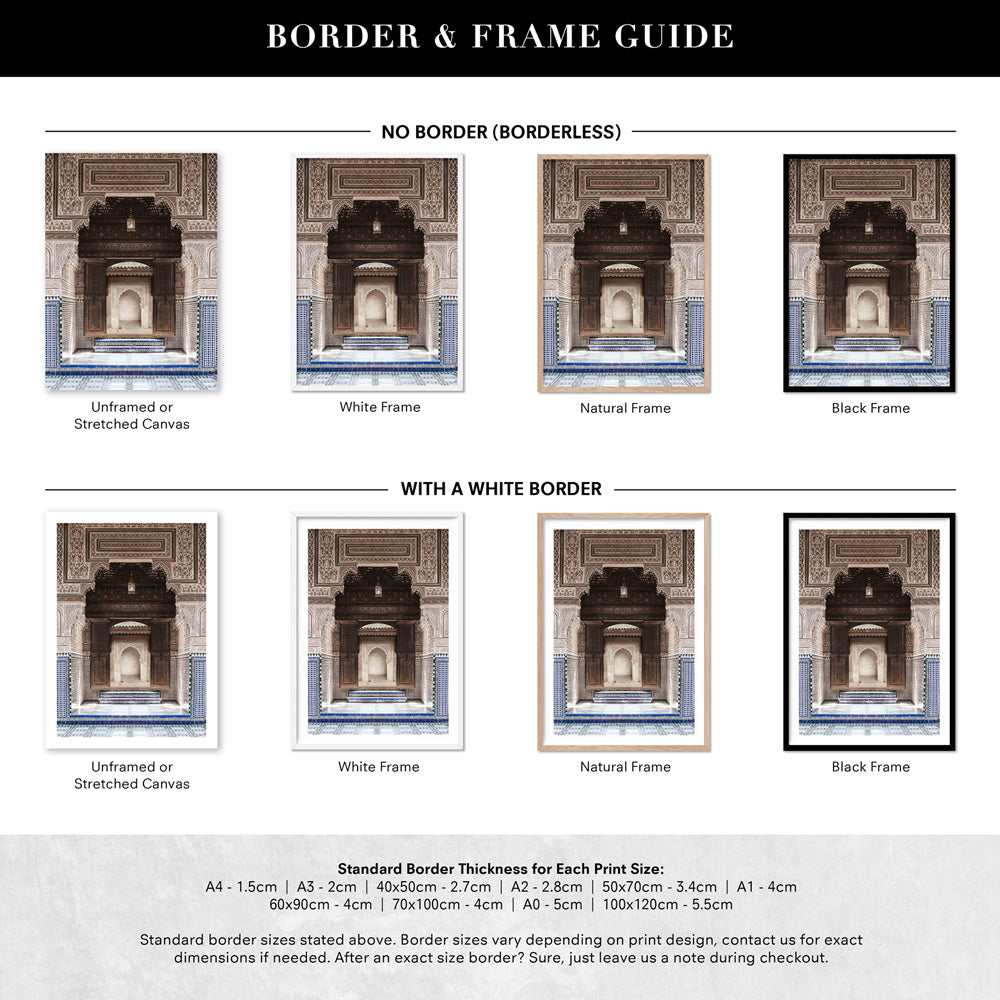 Ornate Carved Arch Passage Morocco - Art Print, Poster, Stretched Canvas or Framed Wall Art, Showing White , Black, Natural Frame Colours, No Frame (Unframed) or Stretched Canvas, and With or Without White Borders