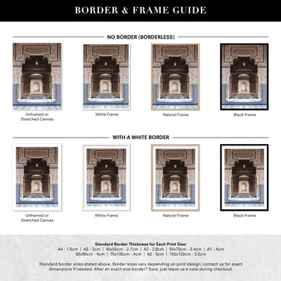Ornate Carved Arch Passage Morocco - Art Print, Poster, Stretched Canvas or Framed Wall Art, Showing White , Black, Natural Frame Colours, No Frame (Unframed) or Stretched Canvas, and With or Without White Borders