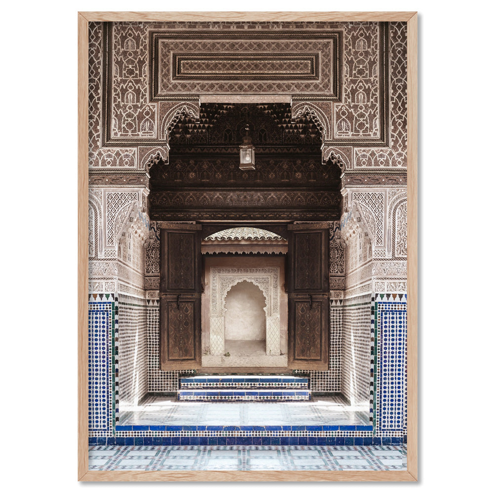 Ornate Carved Arch Passage Morocco - Art Print, Poster, Stretched Canvas, or Framed Wall Art Print, shown in a natural timber frame