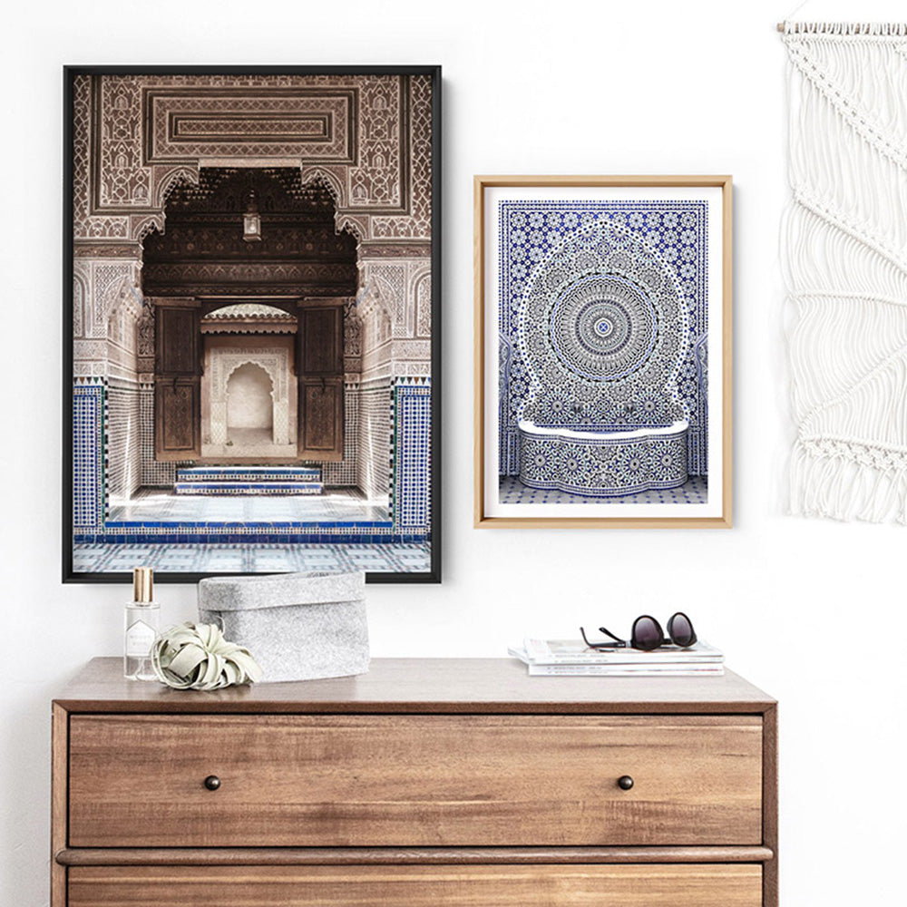 Ornate Carved Arch Passage Morocco - Art Print, Poster, Stretched Canvas or Framed Wall Art, shown framed in a home interior space
