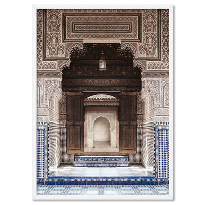 Ornate Carved Arch Passage Morocco - Art Print, Poster, Stretched Canvas, or Framed Wall Art Print, shown in a white frame