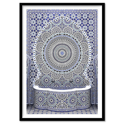 Blue Fountain Casablanca - Art Print, Poster, Stretched Canvas, or Framed Wall Art Print, shown in a black frame