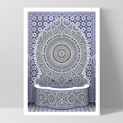 Blue Fountain Casablanca - Art Print, Poster, Stretched Canvas, or Framed Wall Art Print, shown as a stretched canvas or poster without a frame
