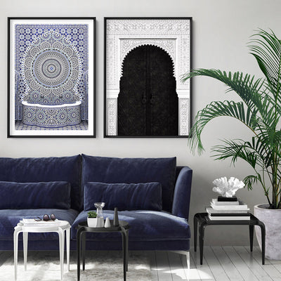Blue Fountain Casablanca - Art Print, Poster, Stretched Canvas or Framed Wall Art, shown framed in a home interior space