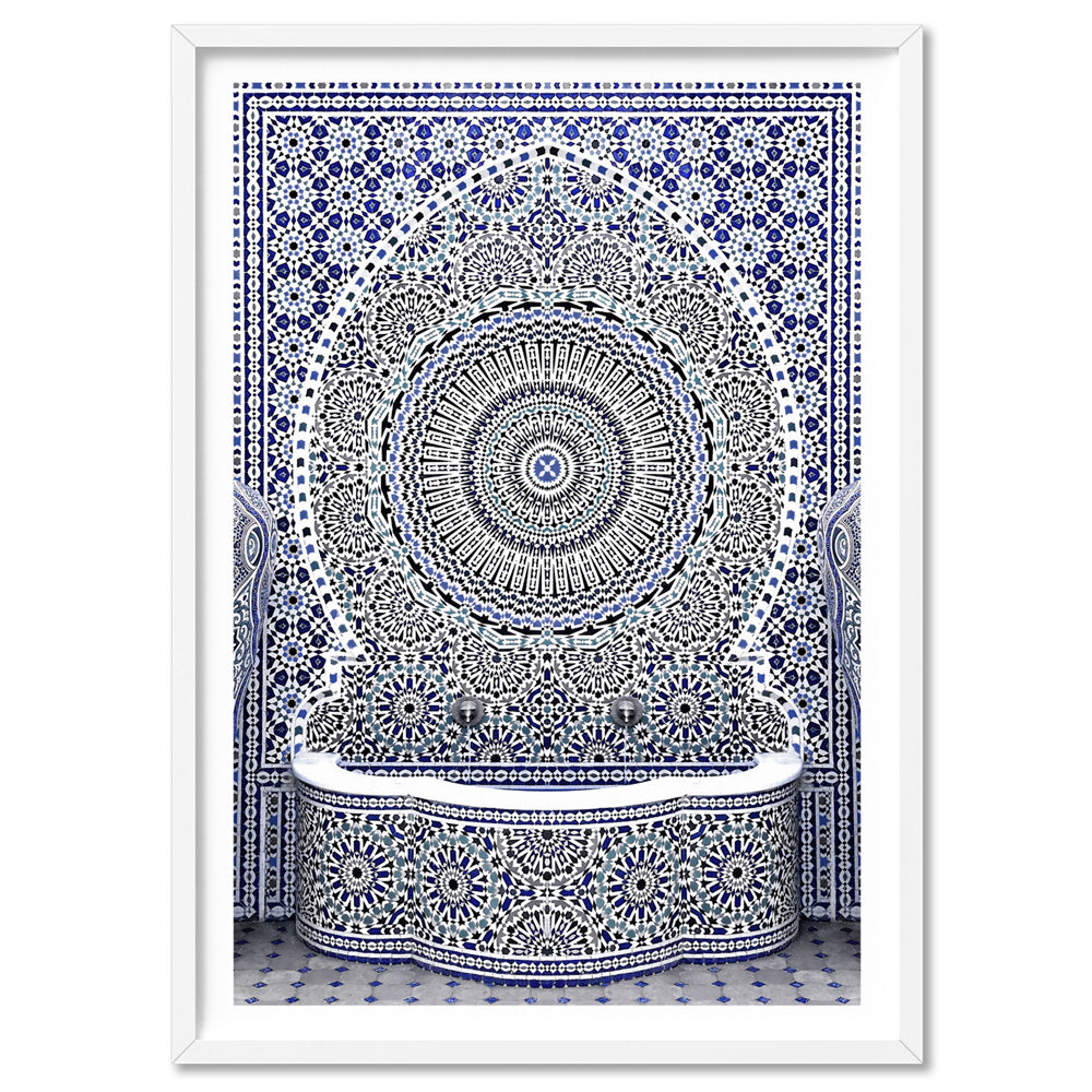 Blue Fountain Casablanca - Art Print, Poster, Stretched Canvas, or Framed Wall Art Print, shown in a white frame